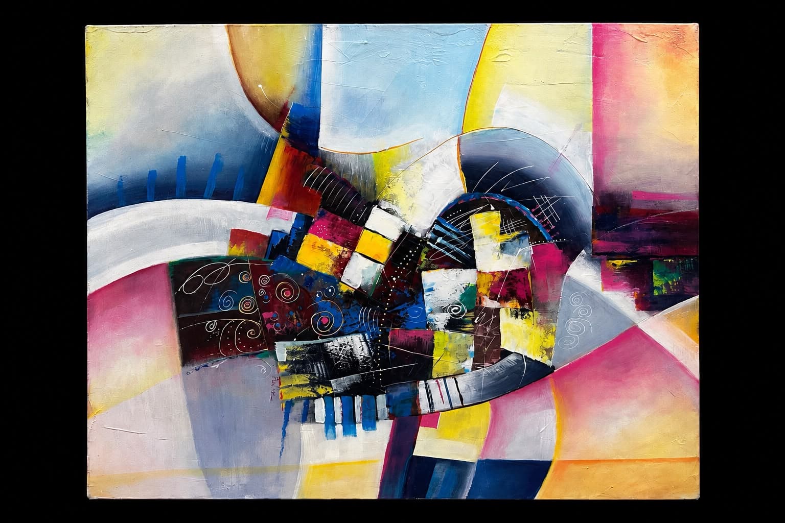 Tela abstrata de inspiração cubista em tons de rosa, azul e amarelo