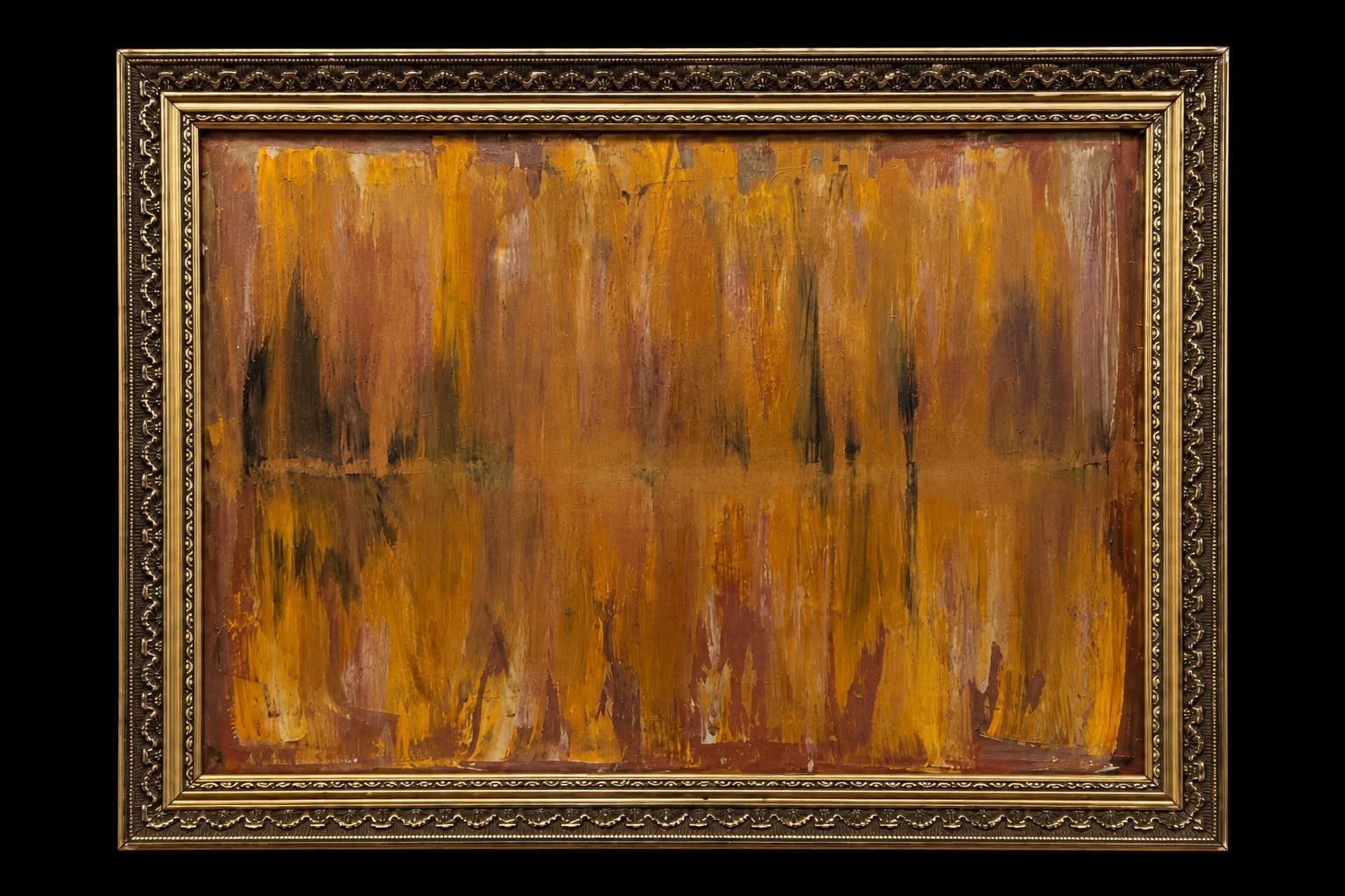 Pintura abstrata em ocre e marrom, em moldura dourada ornamentada