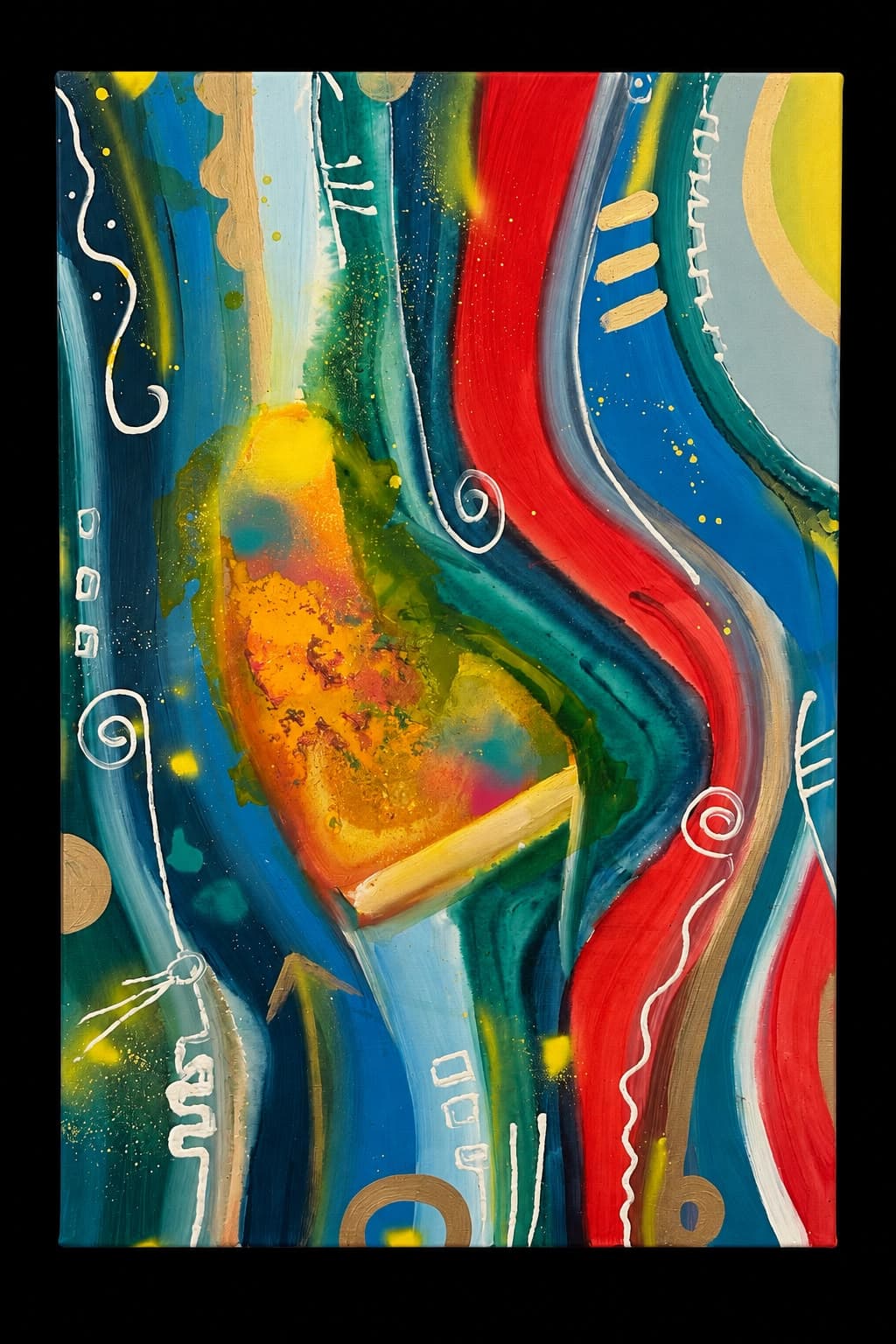Tela abstrata com ondas em vermelho, azul, verde e amarelo
