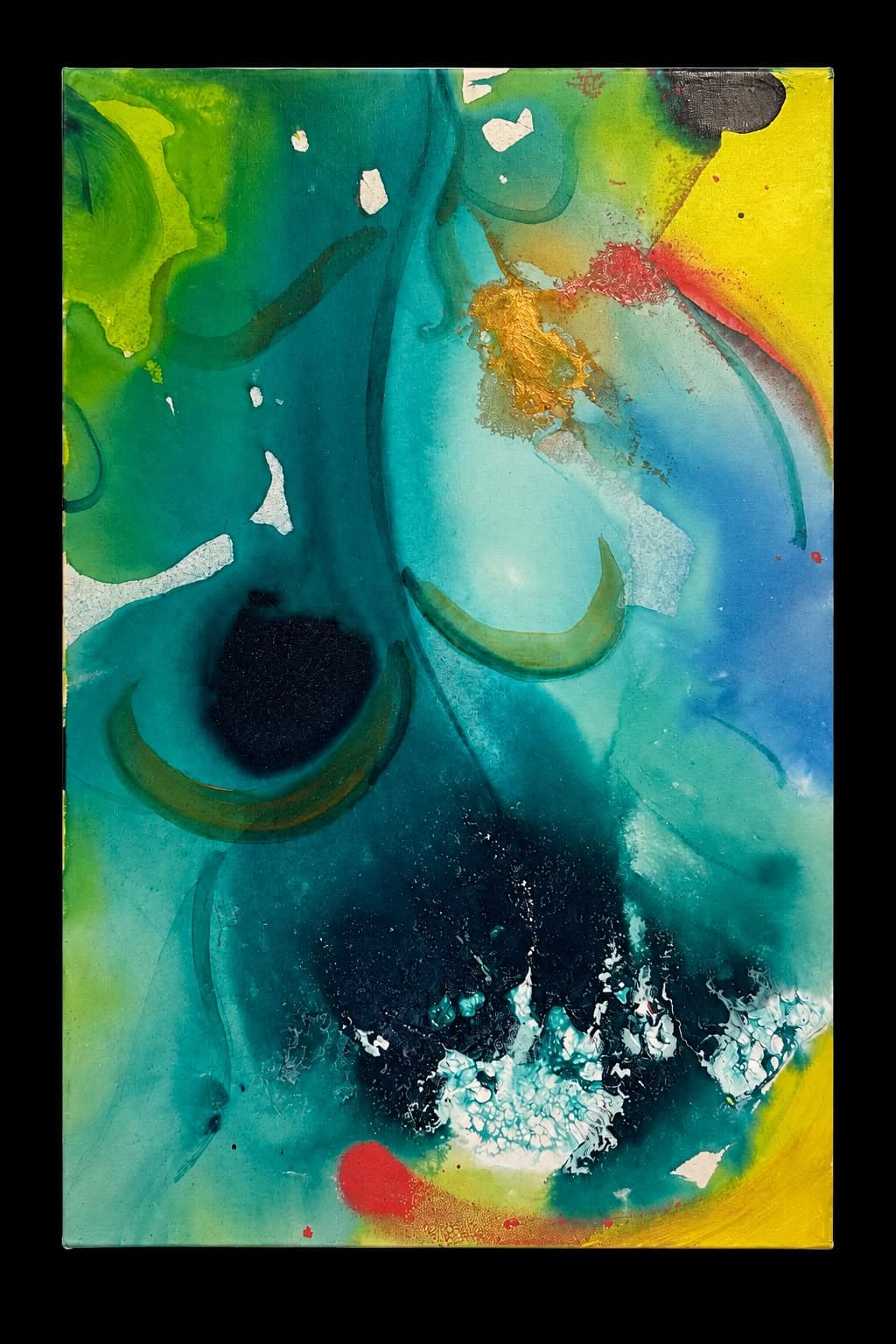 Tela abstrata fluida em verde, azul-turquesa e amarelo