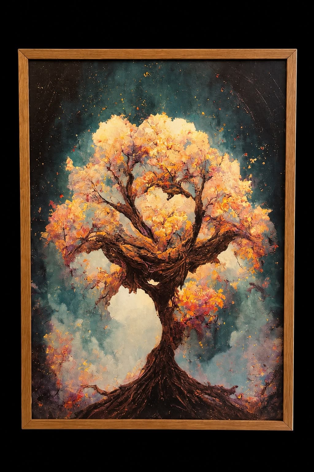 Pintura de árvore com copa em tons de laranja e rosa, em moldura de madeira fina