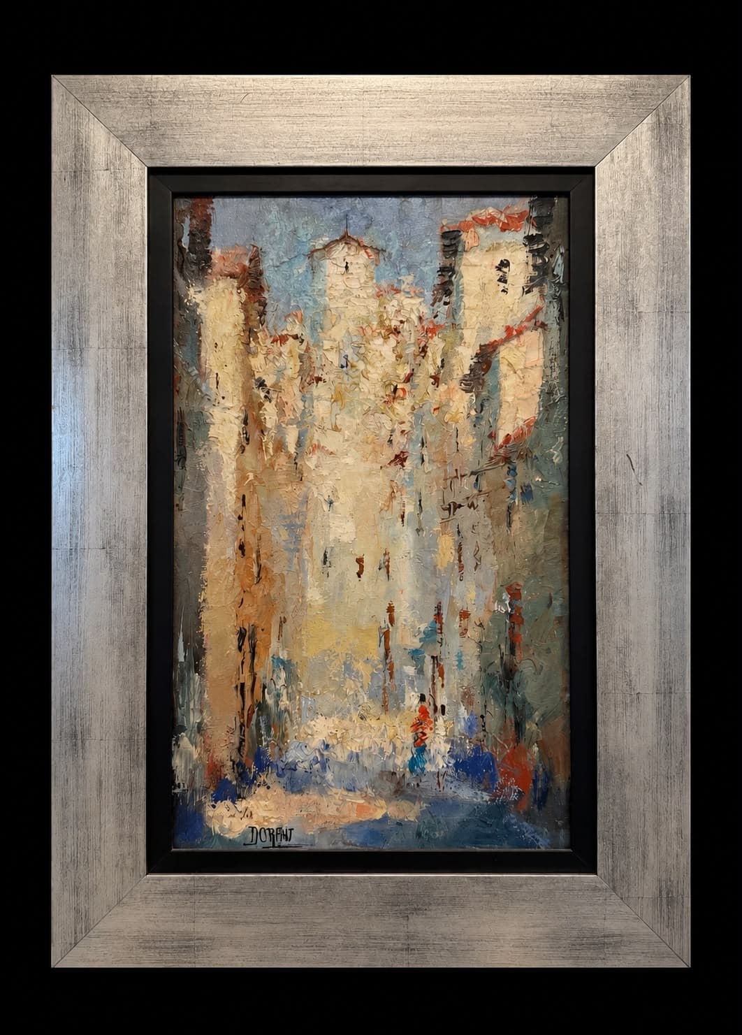Pintura de casario em textura de espátula, em moldura prateada larga