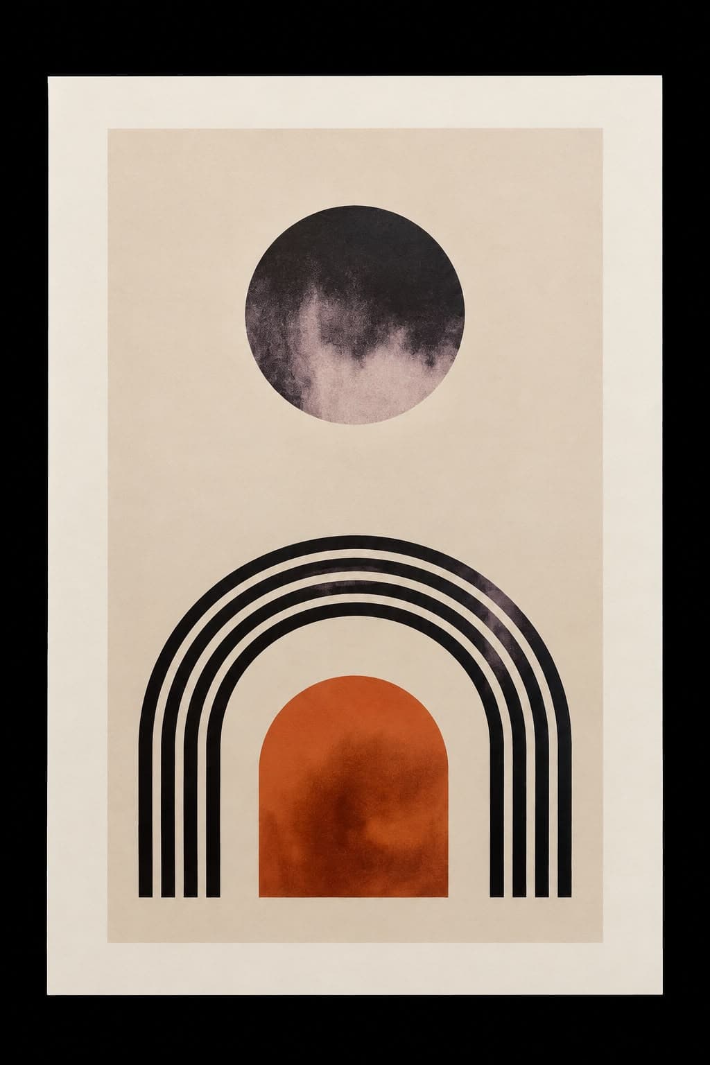 Quadro minimalista com lua e arco em preto e terracota