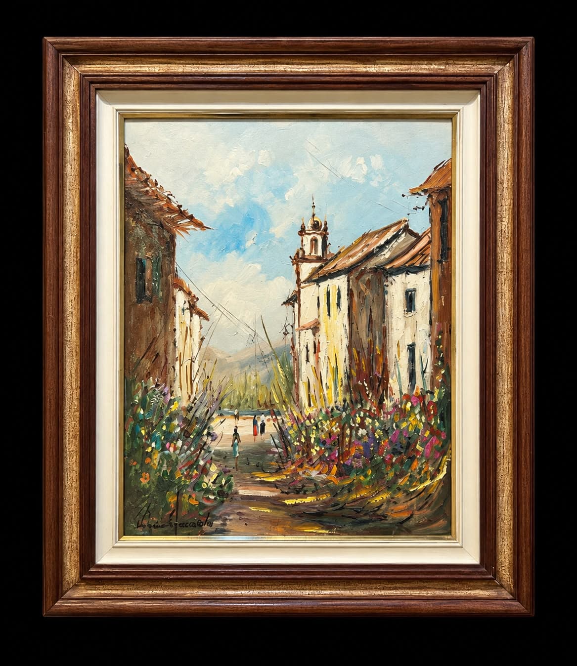 Pintura de rua colonial com igreja e flores, em moldura de madeira com filete claro